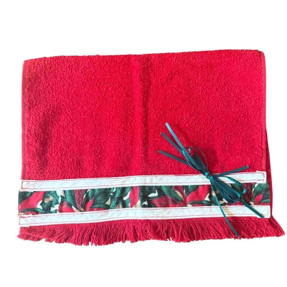 Handmade Christmas Decor Fingertip Towel - Vintage Cannon Red with Holly Trim